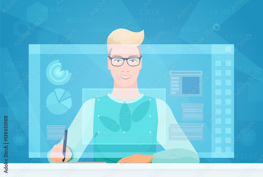Poster Designer man working using virtual media interface workspace. Designer Artist working with graphic program virtual screen drawing.