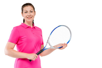 woman with racket for tennis and space for inscription on the right on a white background