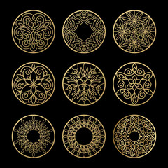 Vintage abstract circles gold on a black background set.