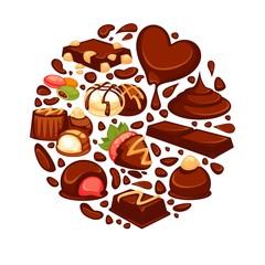 Chocolate heart poster template of confectionery desserts and truffle candy