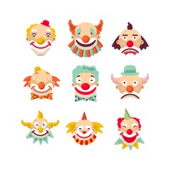 Fototapeta premium Clown faces vector isolated icons set.