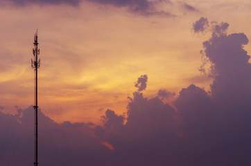 Look beautiful sky background and telephone tower.Sky, Bright Blue, Orange And Yellow Colors Sunset. Instant Photo, Toned Image