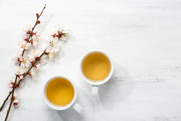 Obraz na płótnie Canvas Two cups of green tea and branches of blossoming apricot on old wooden shabby background