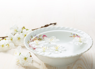 Fototapeta na wymiar Floating flowers ( Cherry blossom) in white bowl.