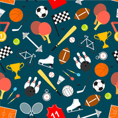 Sport seamless pattern with ball for football, tennis and basketball, baseball, rugby, bowling game, hockey puck and racket, medal, racing flag and trophy, stopwatch, dumbbell, bicycle, skates