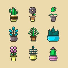 Plants and flowers in pots vector collection of sixteen elements.