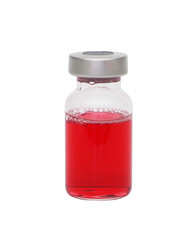 Red medicine vial, glass bottle isolated on white