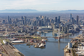 Aerial view of Melbourne CBD skyline and Docklands from the west