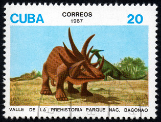 UKRAINE - CIRCA 2017: A stamp printed in Cuba, shows a extinct animals from the park of dinosaurs in the reserve Baconao, the series Valle de la prehistoria parque nac. Baconao, circa 1987 © Amateur007