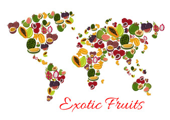 Exotic fruit world map poster with papaya, passion fruit, feijoa, dragon fruit, carambola, lychee, durian, fig and guava. Tropical fruit continents for healthy vegetarian food and drink design