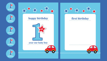 baby boy first birthday party invitation with car - obrazy, fototapety, plakaty