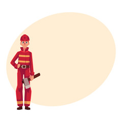 Firefighter, fireman in red protective suit holding axe in hand, cartoon vector illustration with place for text. Full length portrait of firefighter, fireman holding axe