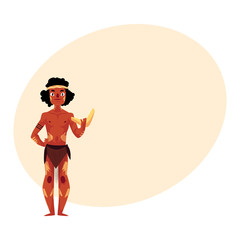Australian in loincloth and war paint holding boomerang, cartoon vector illustration with place for text. Full length portrait of typical Australian, Tasmanian