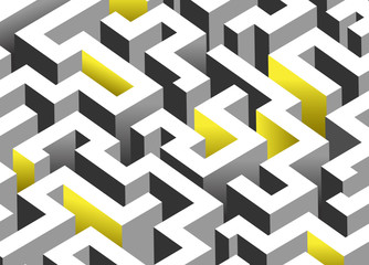 Fototapeta na wymiar Black, white and yellow maze, labyrinth. Endless pattern - horizontal version