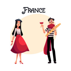 Couple of French characters, woman dressed in Parisian style, mime with wine and baguette, cartoon vector illustration with place for text. Typical French characters, fashionmonger and mime