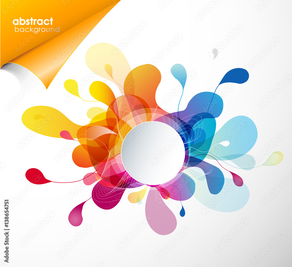Poster abstract colored flower background with circles and paper corner effect.