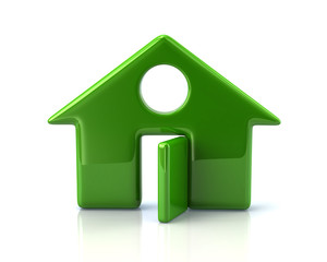 Green home icon with open door