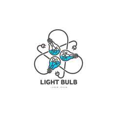 Logo of three black outline, line art light bulbs with different content levels and powers cords, vector illustration isolated on white background. Logotype, logo design with three light bulbs