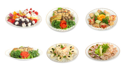 Set of festive meals of meat and vegetables  isolated
