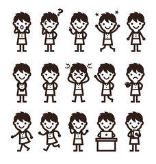 ショートヘアの女性　いろいろなポーズのイラスト