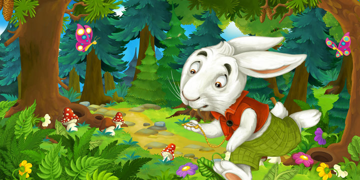 cartoon scene with running rabbit cheerful beautiful day