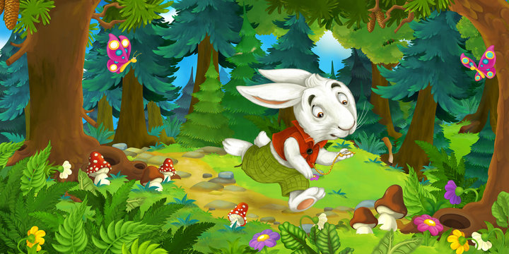 cartoon scene with running rabbit cheerful beautiful day