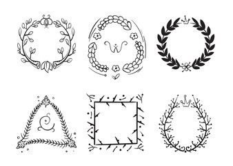 Doodle rustic branch frames, vector hand drawn nature swirl tree decorative border