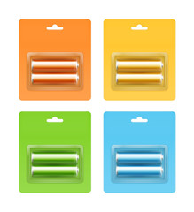 Vector Set of Yellow Orange Green Light Blue Glossy Alkaline AA Batteries in Yellow Orange Green Light Blue Blister Packed for branding Close up Isolated on White Background