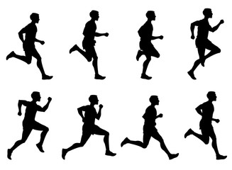Jogging man, running athlete, runner vector silhouettes set