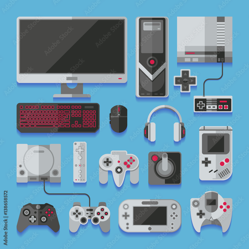 Poster computer, digital video online game console, game tools vector set