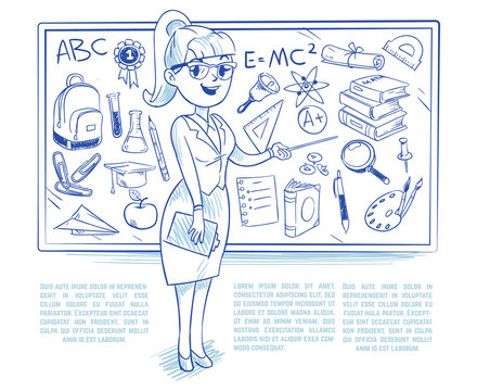 Doodle Teacher Teaching Students On The Lesson. School Education Vector Concept With Hand Drawn Science Icons