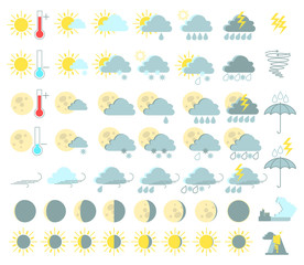 Weather set of colored icons. Rain and thunderstorms, sunny, tornado, tsunami, volcanic eruption. Vector