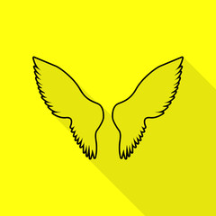 Wings sign illustration. Black icon with flat style shadow path on yellow background.