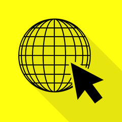 Earth Globe with cursor. Black icon with flat style shadow path on yellow background.
