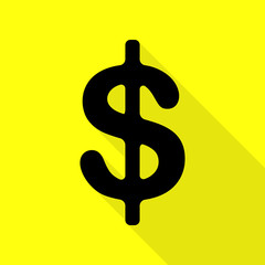 Dollars sign illustration. USD currency symbol. Money label. Black icon with flat style shadow path on yellow background.