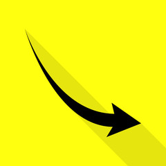 Declining arrow sign. Black icon with flat style shadow path on yellow background.