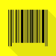 Bar code sign. Black icon with flat style shadow path on yellow background.