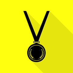 Medal simple sign. Black icon with flat style shadow path on yellow background.
