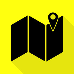 Pin on the map. Black icon with flat style shadow path on yellow background.