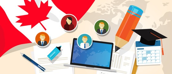 Canada education school university concept with icon laptop paper pencil cap student