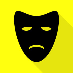 Tragedy theatrical masks. Black icon with flat style shadow path on yellow background.