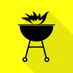 Barbecue with fire sign. Black icon with flat style shadow path on yellow background.