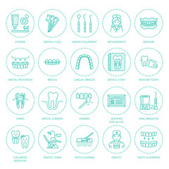 Dentist, orthodontics line icons. Dental care equipment, braces, tooth prosthesis, veneers, floss, caries treatment and other medical elements. Health care thin linear signs for dentistry clinic.