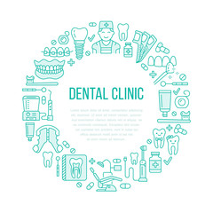 Obraz premium Dentist, orthodontics medical banner with vector line icon of dental care equipment, braces, tooth prosthesis, veneers, floss, caries treatment. Health care thin linear poster for dentistry clinic.