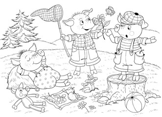 Fototapeta na wymiar Three little pigs. Fairy tale. Illustration for children. Coloring page