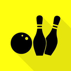 Bowling sign illustration. Black icon with flat style shadow path on yellow background.