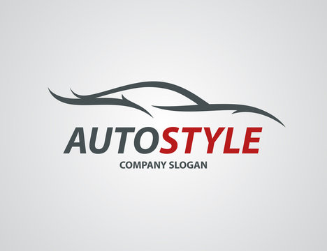 Automotive car logo design with abstract sports vehicle silhouette icon isolated on light grey background. Vector illustration.