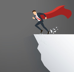 businessman with cape overcome obstacle crisis risk concept   