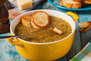 Classic onion soup with croutons.