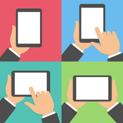 Tablet usage icon set. Hand holding and pointing to tablet with blank screen. Vertical and horizontal view. Flat design